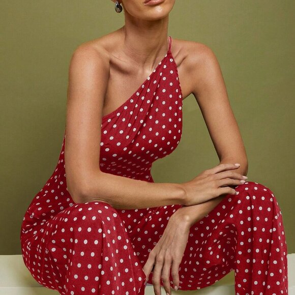 Burgundy Women's Polka Dot Print Sleeveless Top And Wide Leg Pants Set - Picture 7 of 7